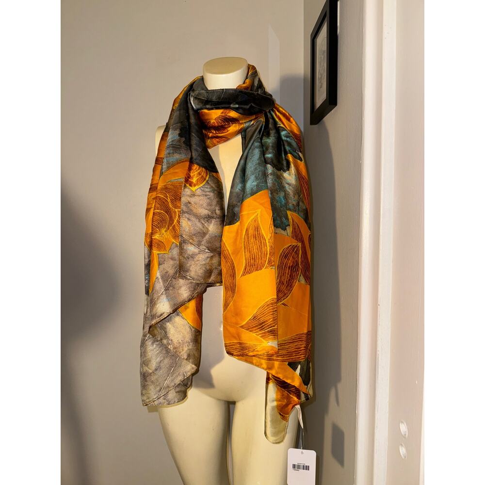 Bon Voyage Yellow Orange Multi Silk Feel 100% Polyester Oblong Scarf Shawl Wrap